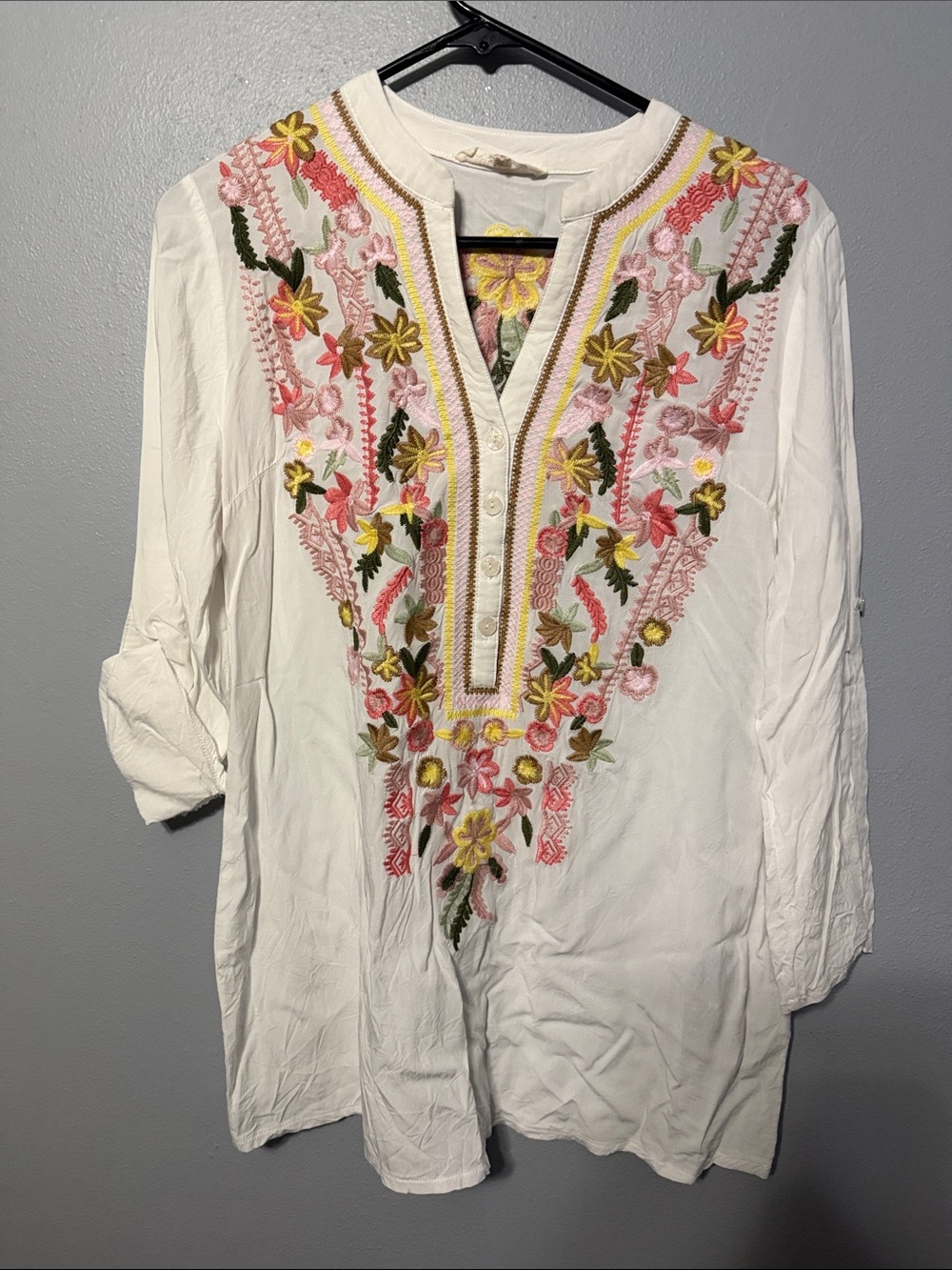 Solitaire White Tunic with Pink, Yellow & Green Floral Embroidery
